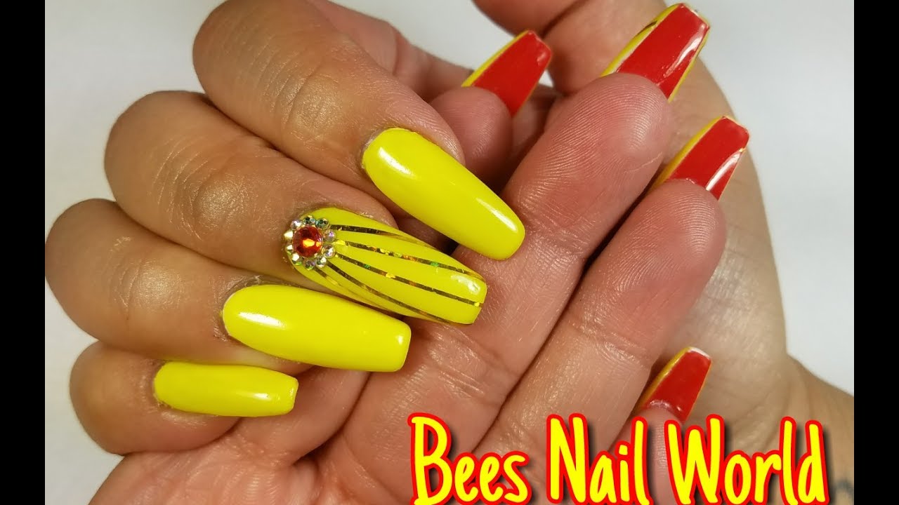Neon Yellow Red Bottom Coffin Shaped Nails