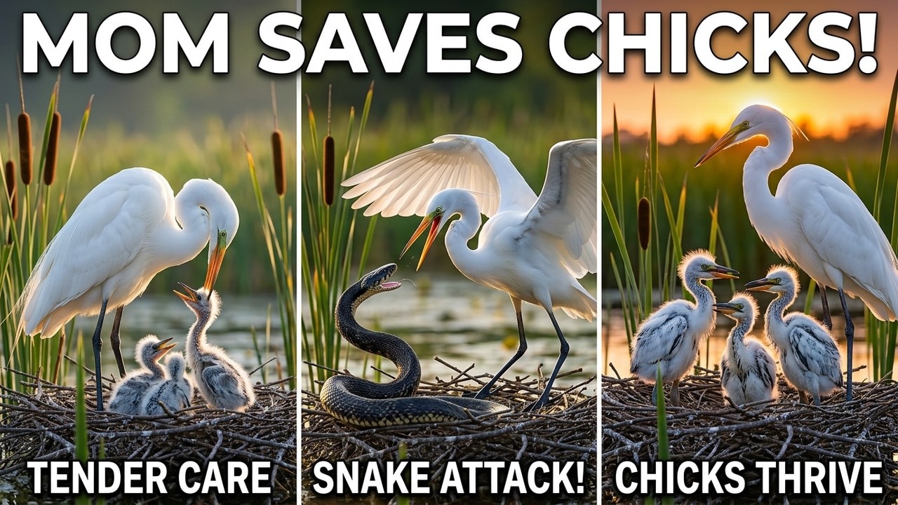 Egret Mother Raising Chicks in a Marsh Nest | Calm Wildlife ASMR in 4K