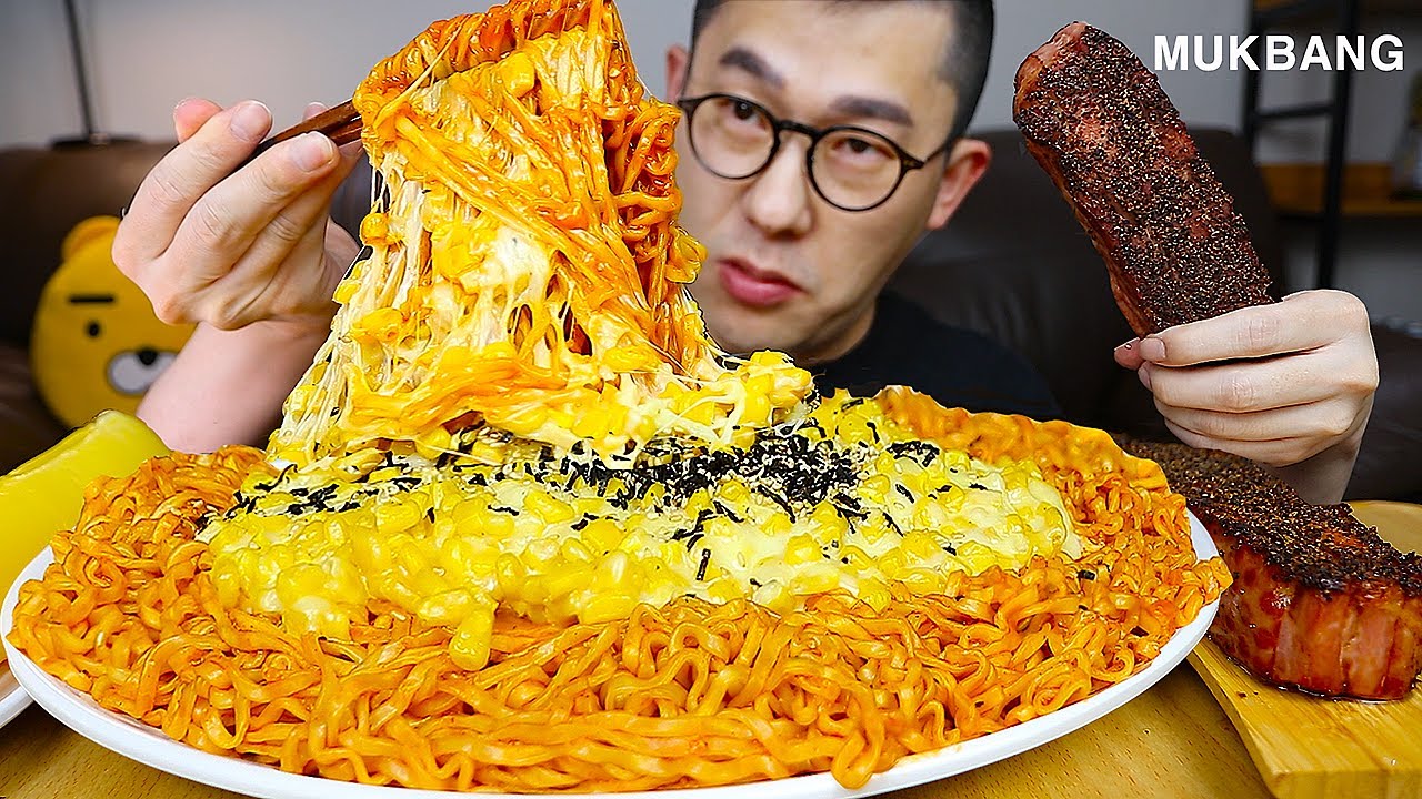 ASMR MUKBANGㅣCorn Cheese Fire Noodles & WHOLE BACONㅣEATING SHOW