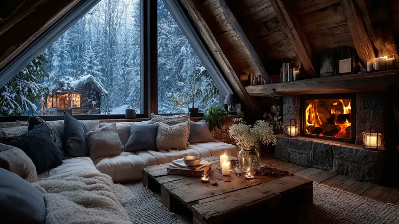 Snowfall Cabin Fireplace 4K ❄️🌨️ | Peaceful Piano Background for Work & Sleep