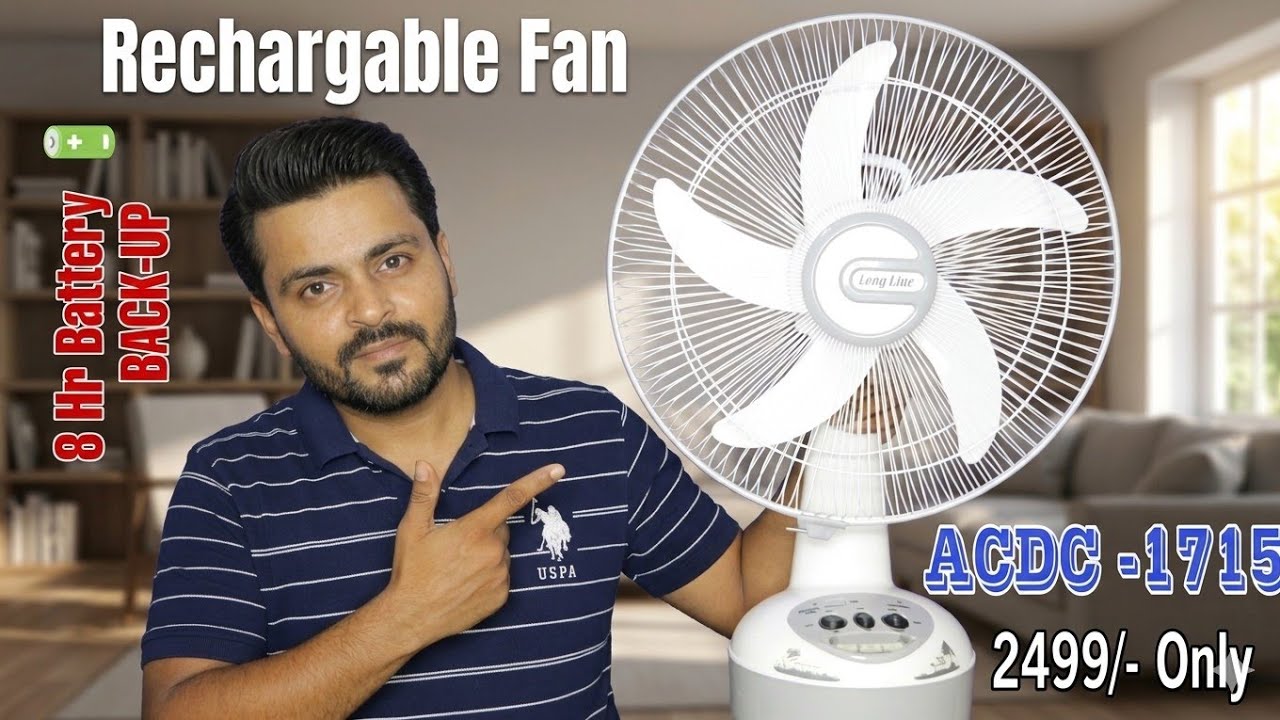 LONG LINE RECHARGEABLE FAN WITH LED LIGHT 8 HR BATTERY BACK-UP UNBOXING & FULL REVIEW ACDC-1715