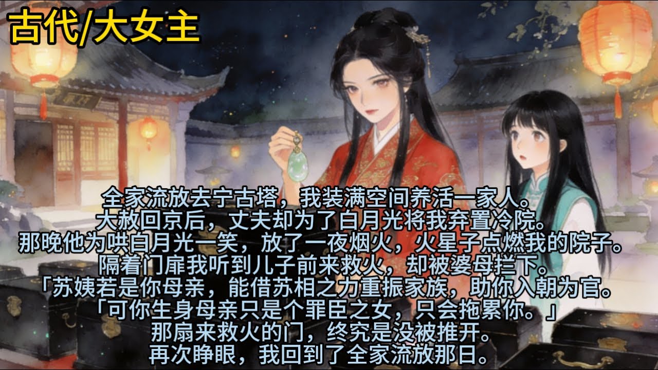 全家流放去宁古塔，我装满空间养活一家人。大赦回京后，丈夫却为了白月光将我弃置冷院。那晚他为哄白月光一笑，放了一夜烟火，火星子点燃我的院子…#小说 #已完结 #一更到底 #言情 #古代 #爽文 #大女主