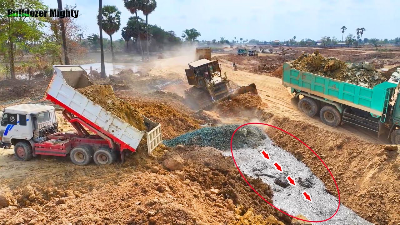 Completed Corner, Filling Up The Land huge, Big Bulldozer Working, Dump Truck unloading