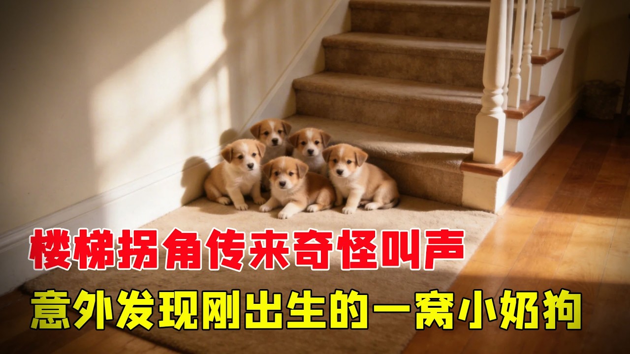 樓梯拐角傳來奇怪叫聲，小夥意外發現剛出生的一窩小奶狗，狗媽媽一覺醒來：走上狗生巔峰了？