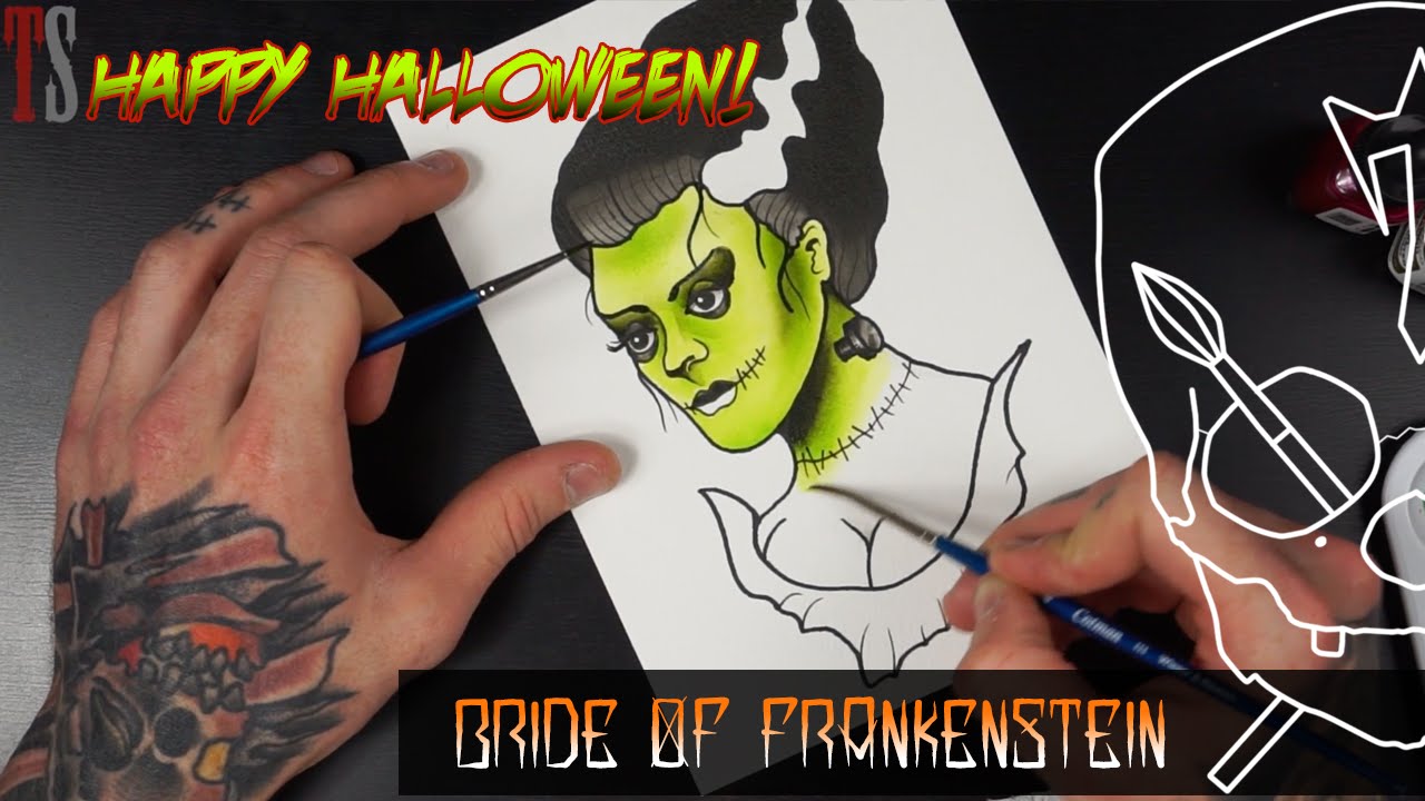 Bride of Frankenstein Draw and Paint Halloween! Tattoo Flash Watercolour Ink Illustration