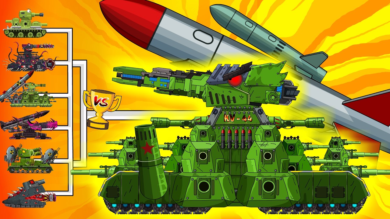 Transformer tanks: Evolution of hybrid Kv-44 vs Monster tank. Cartoon about tanks