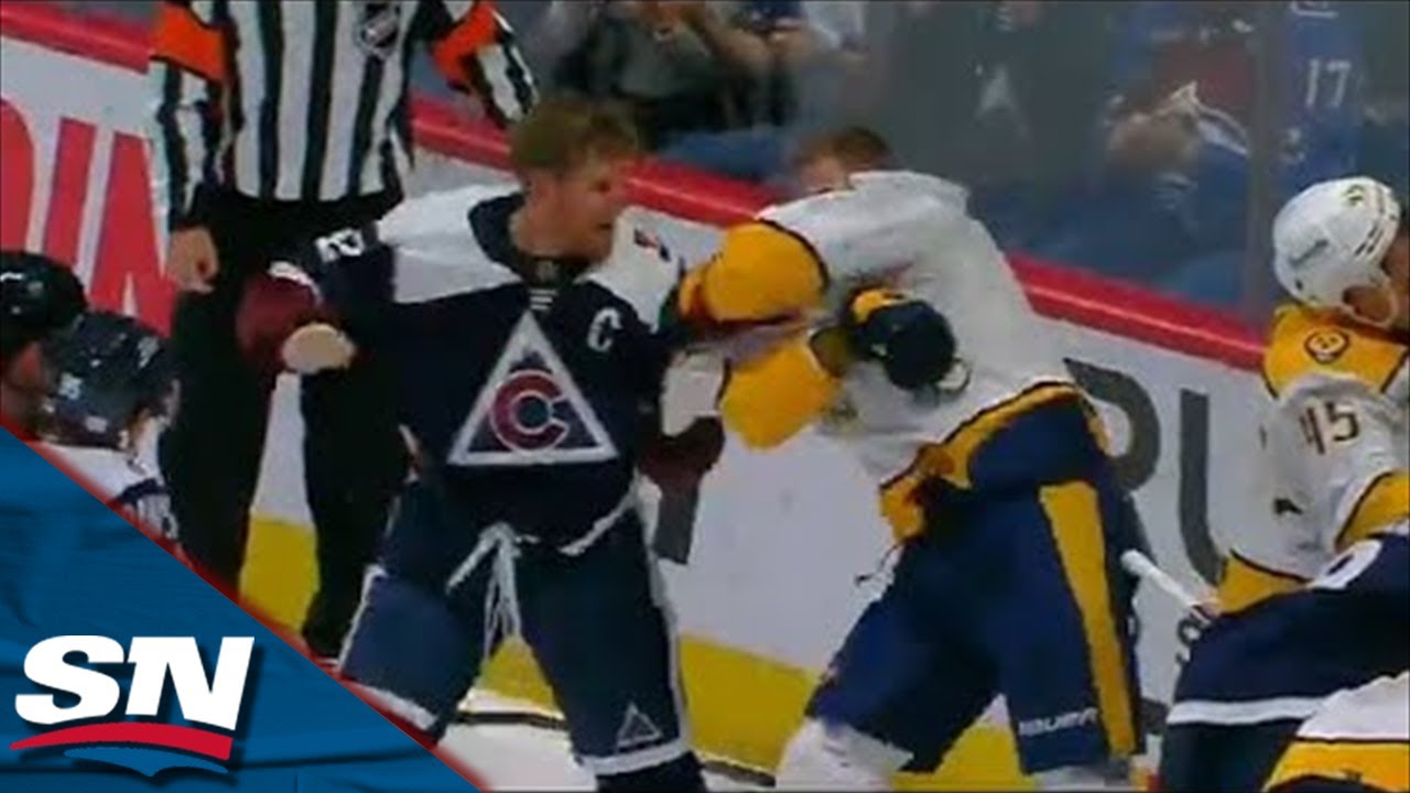 Gabriel Landeskog Bloodies Mattias Ekholm In Fight After He Rips Off Mikko Rantanen's Helmet
