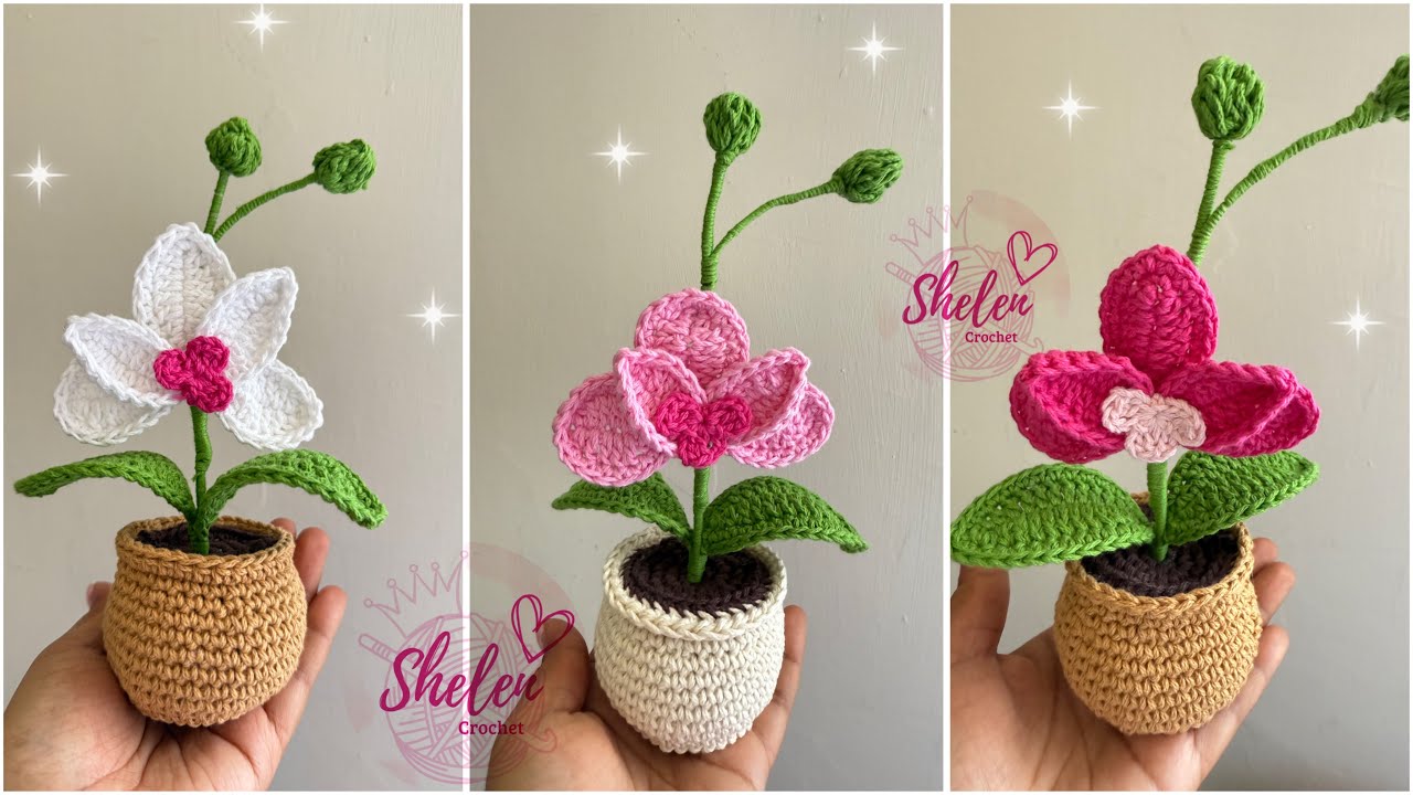 Flores Elegantes / Orquídeas de 16cms en maceta a Crochet 🌸 | Tutorial Paso a Paso con Maceta 🧶