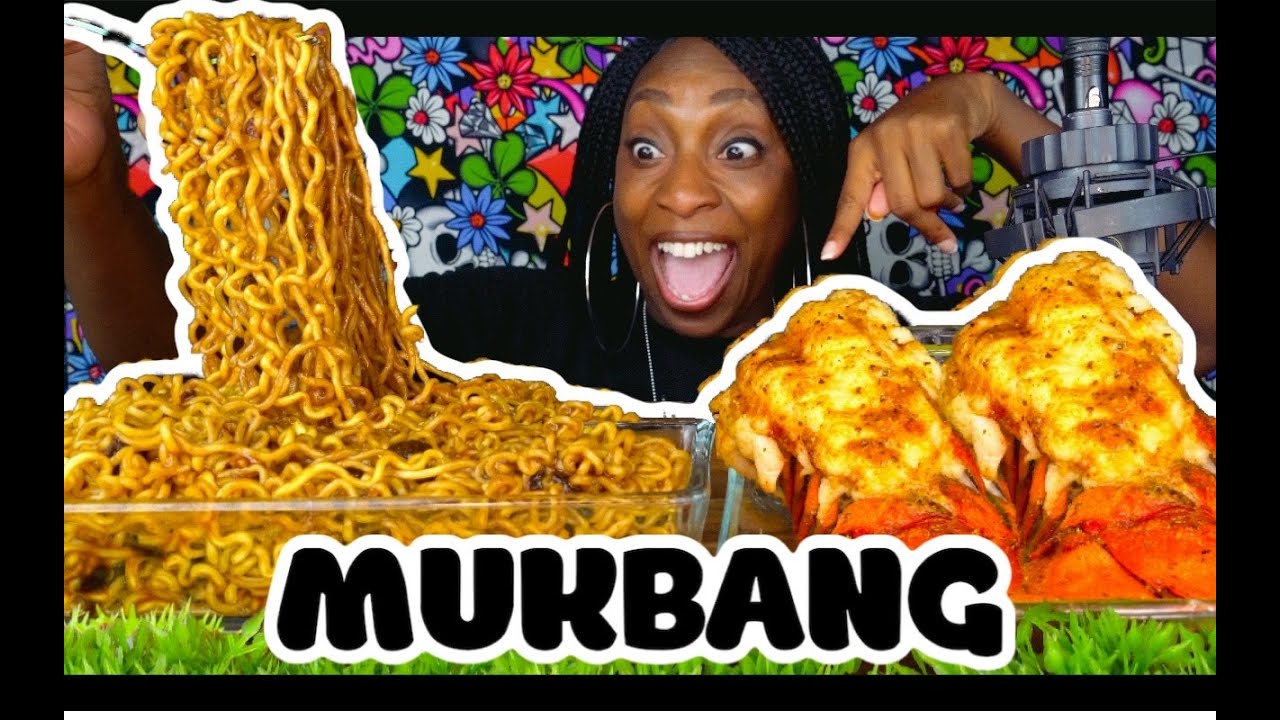 JUICY LOBSTER TAILS & SPICY BLACK BEAN NOODLES..!! (MUKBANG)