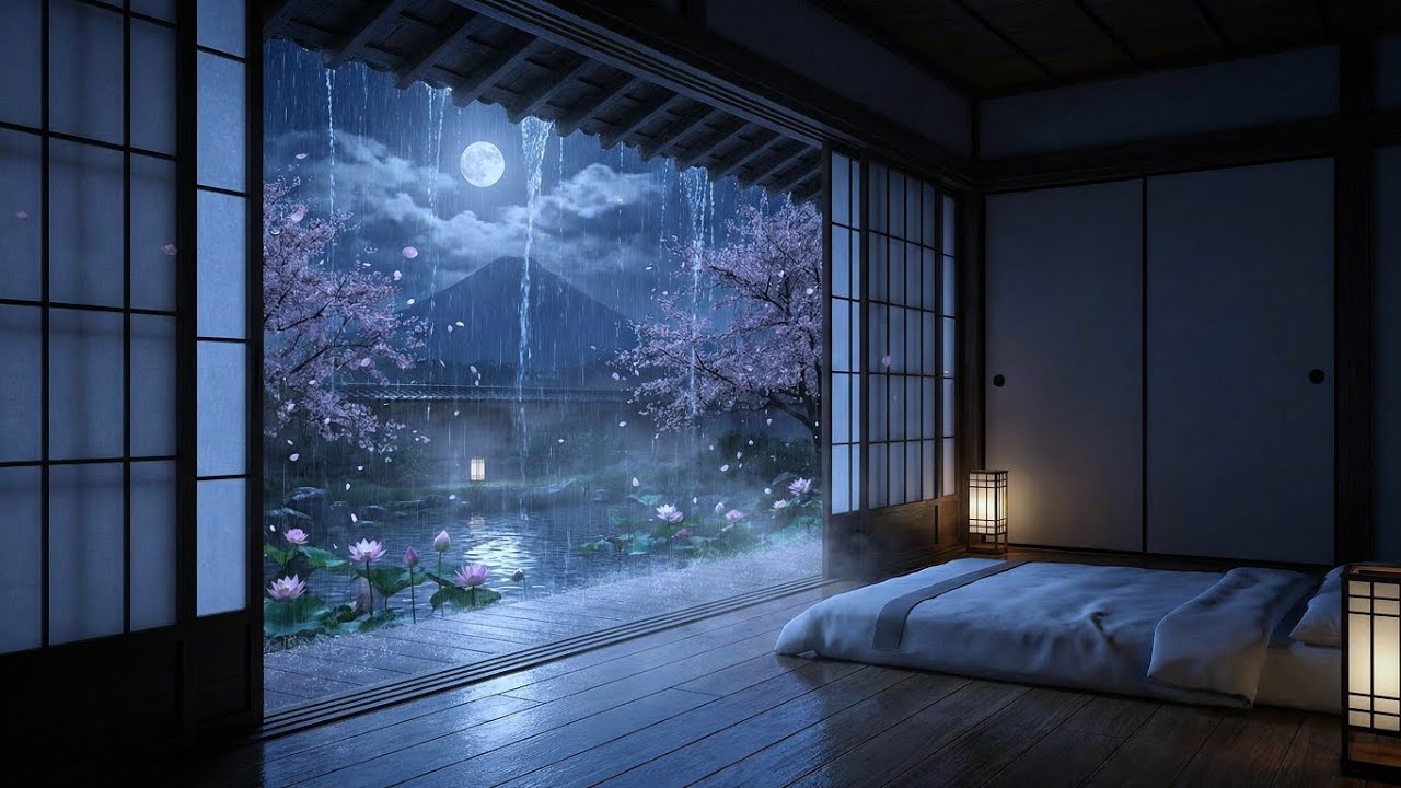 Deep Sleep Rain Sounds – Japanese Pavilion Bedroom Ambience with Cherry Blossoms