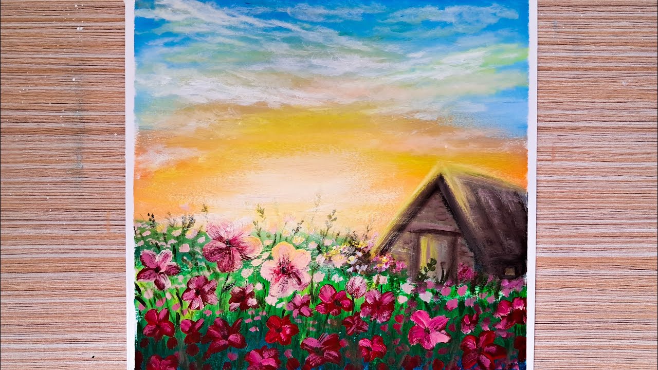Painting of sunrise through the flowers / sunrise landscape acrylic painting