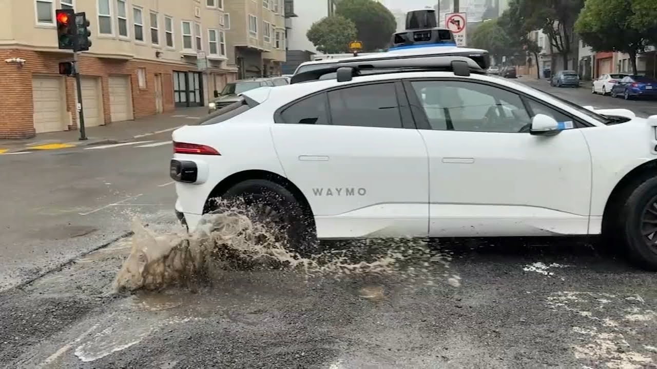 Waymo drives through sinkhole in San Francisco during storm