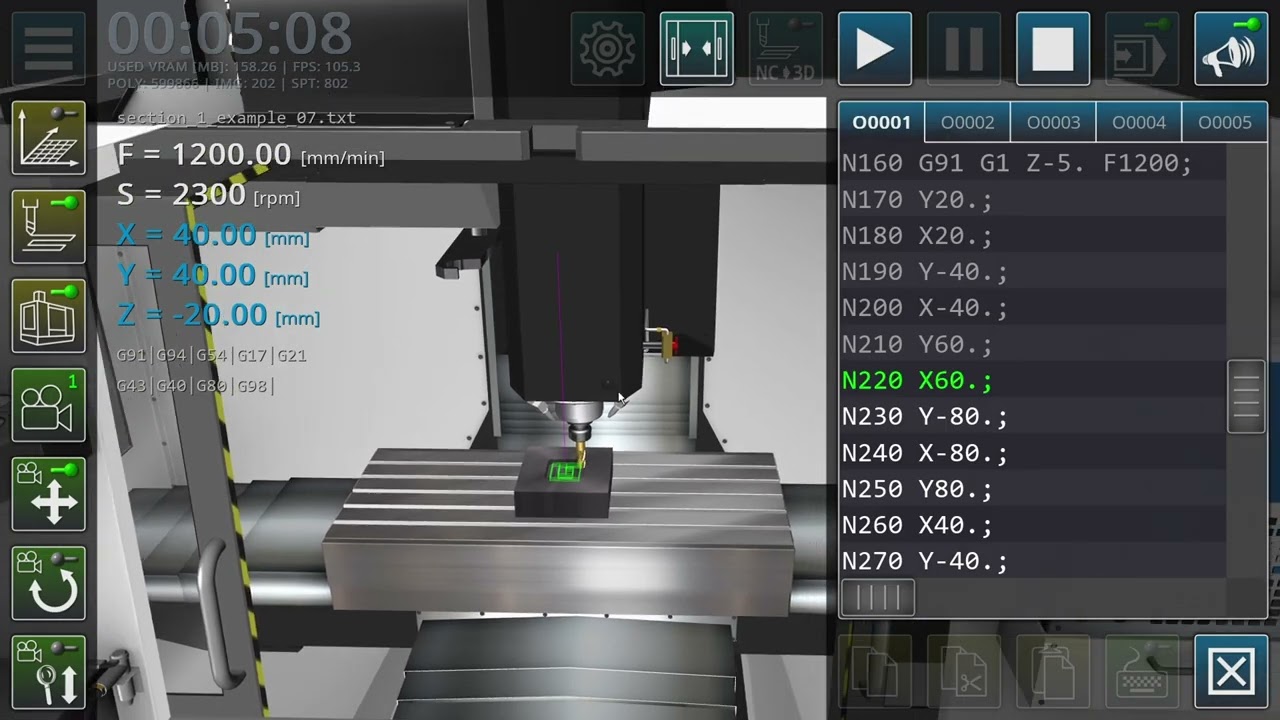 cnc vmc simulator tutorial simple program explaining Specially M97 and M99 #7 program AND G and M