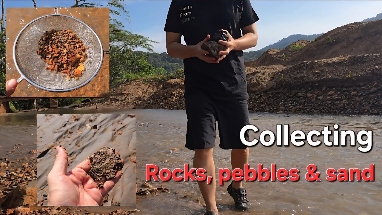 Collecting rocks, pebbles and sand from nature. 