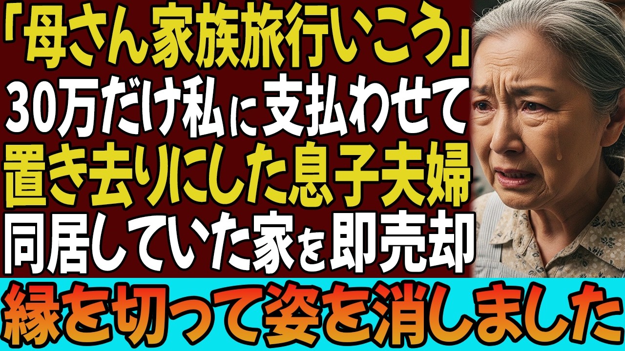 「母さん家族旅行いこう」30万だけ私に支払わせて置き去りにした息子夫婦。同居していた家を即売却。縁を切って姿を消しました