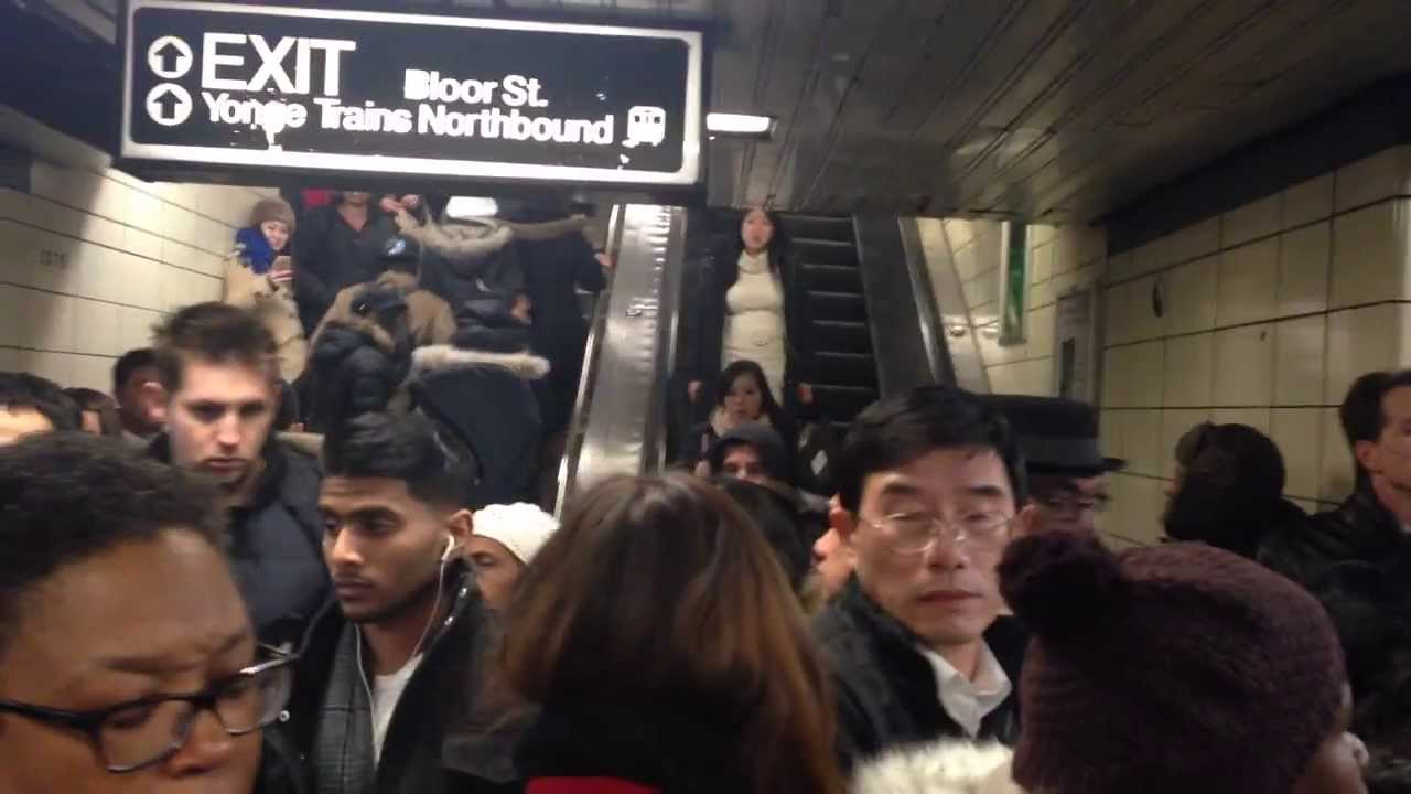 Bloor Yonge subway line in Toronto packed during rush hour