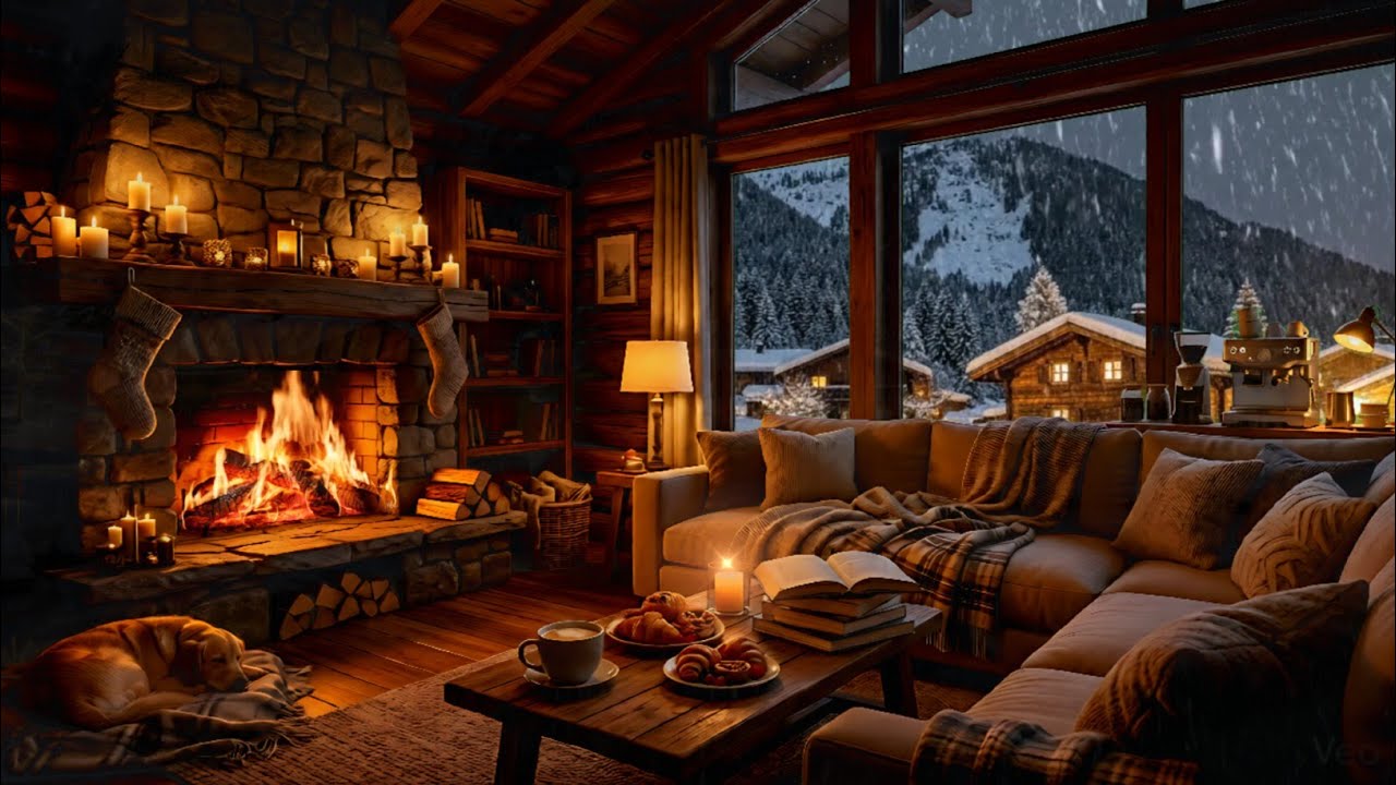 Relaxing Jazz Music & Warm Fireplace 🔥 | Cozy Cabin Coffee Shop Ambience For Sleep & Focus