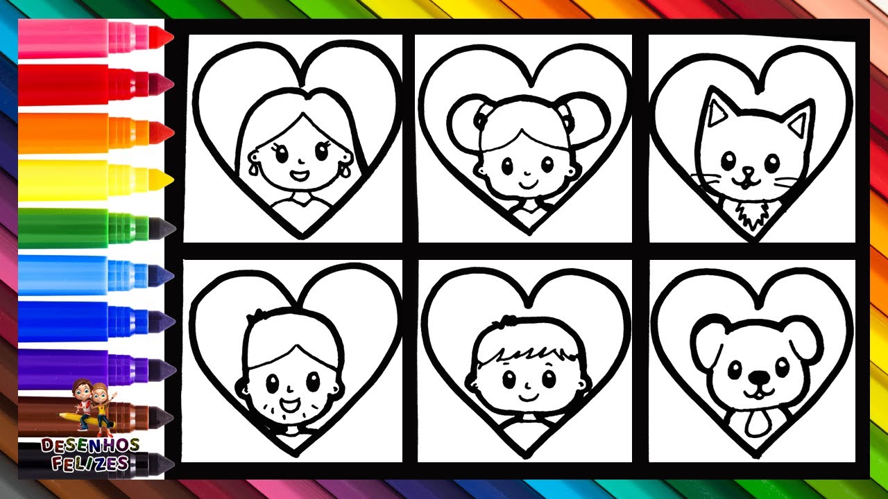 Desenhar E Colorir Uma Família Com Seus Animais de Estimação 👩👧🐱👨👦🐶❤️ Desenhos Para Crianças