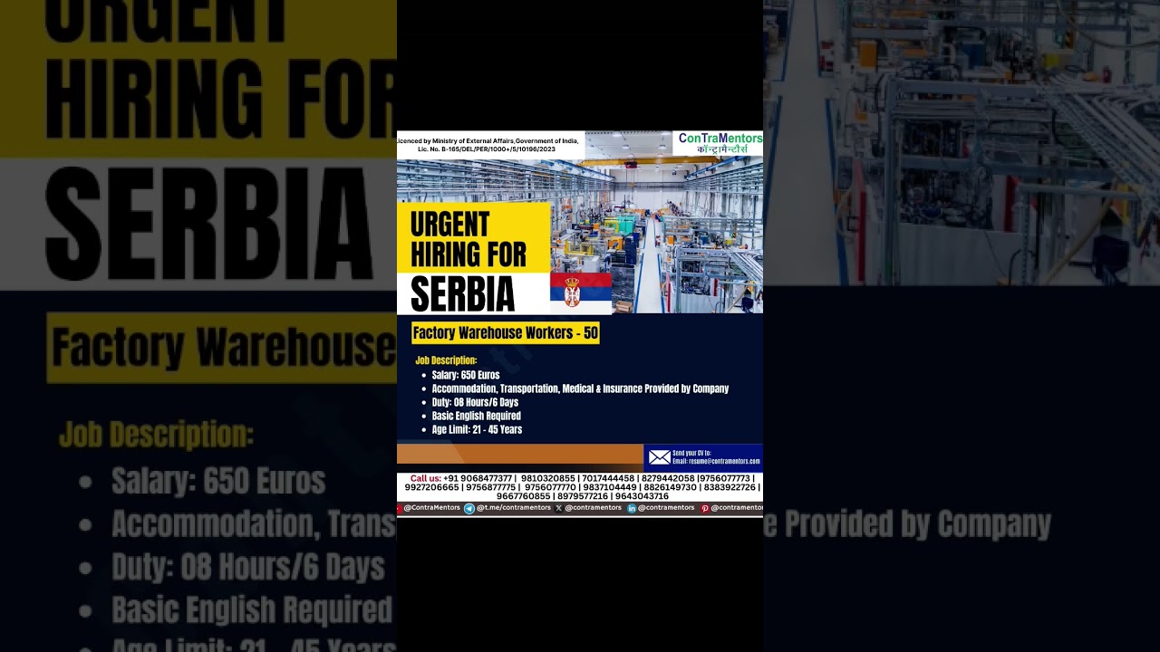 Unskilled Factory Worker for Serbia,  Salary 1 lakh / month , visa in 1 months