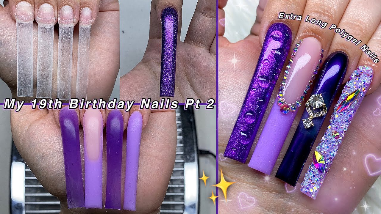 DOING MY 19TH BIRTHDAY NAILS PT 2💜 EXTRA LONG POLYGEL NAILS & RAINDROP NAIL ART! | Nail Tutorial
