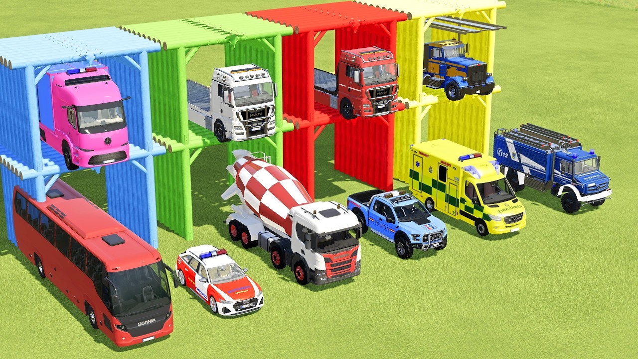 TRANSPORTING MERCEDES MINI BUS, VOLKSWAGEN POLICE, FORD POLICE, MERCEDES FIRE TRUCK TO GARAGE | FS22