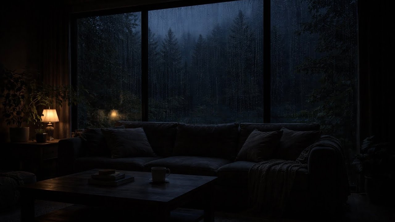 Rain on Large Window at Night 🌧️ | Dark Living Room Ambience | 8 Hours
