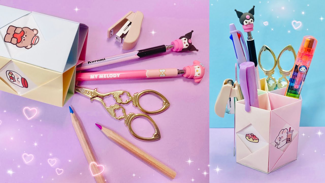 【簡単】便利収納！折り紙鉛筆たての作り方✏️しっかりしたかわいい机収納💕