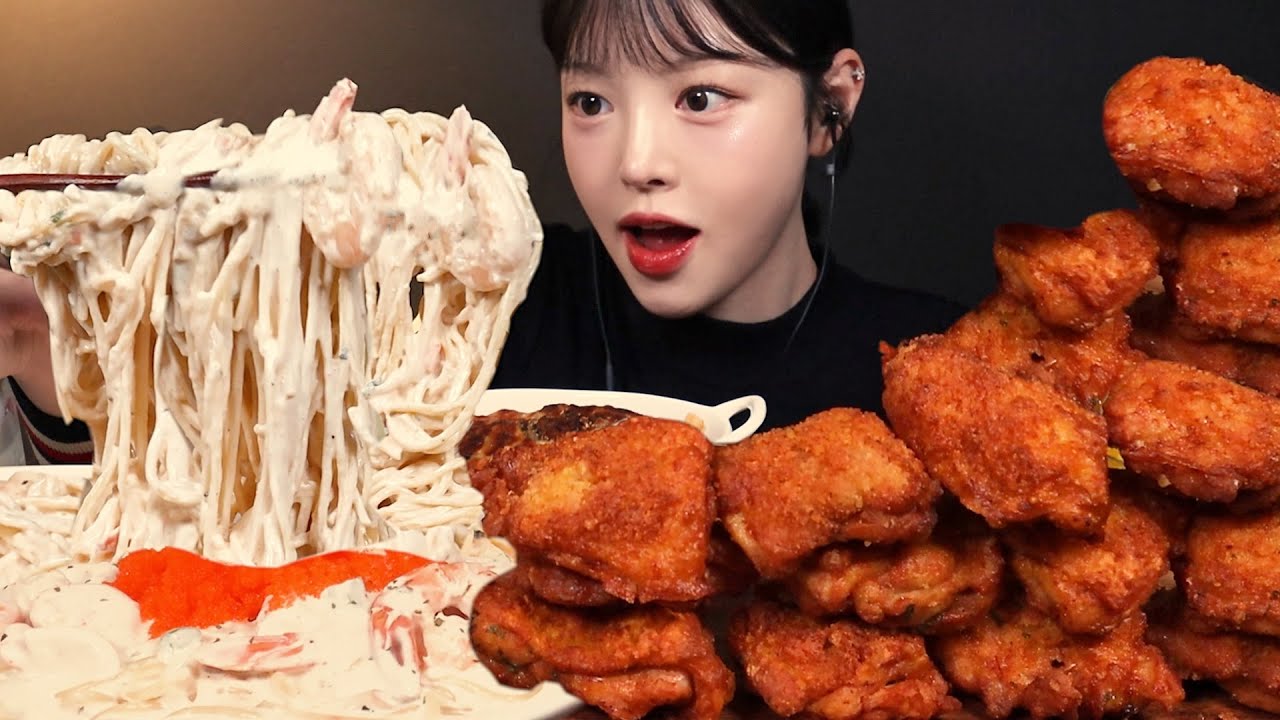 SUB)겉바속촉 푸라닭 띱띱크런치에 매운 크림파스타 먹방! 김치도리아까지🥘 꿀조합 리얼사운드 Cream Pasta & Chicken Mukbang Asmr