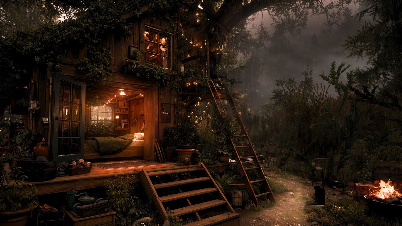 Rain Falling Outside a Dark Forest Cabin | Distant Thunder, Firewood Sounds | Deep Sleep ASMR 3H