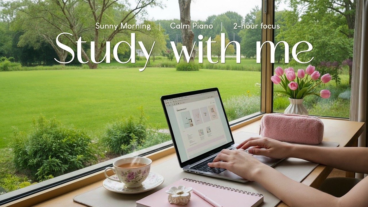 2-HOUR STUDY WITH ME 📖 Sunny Morning Light ☀️ Calm Piano & Soft Ambience 🌿 Pomodoro 25/5