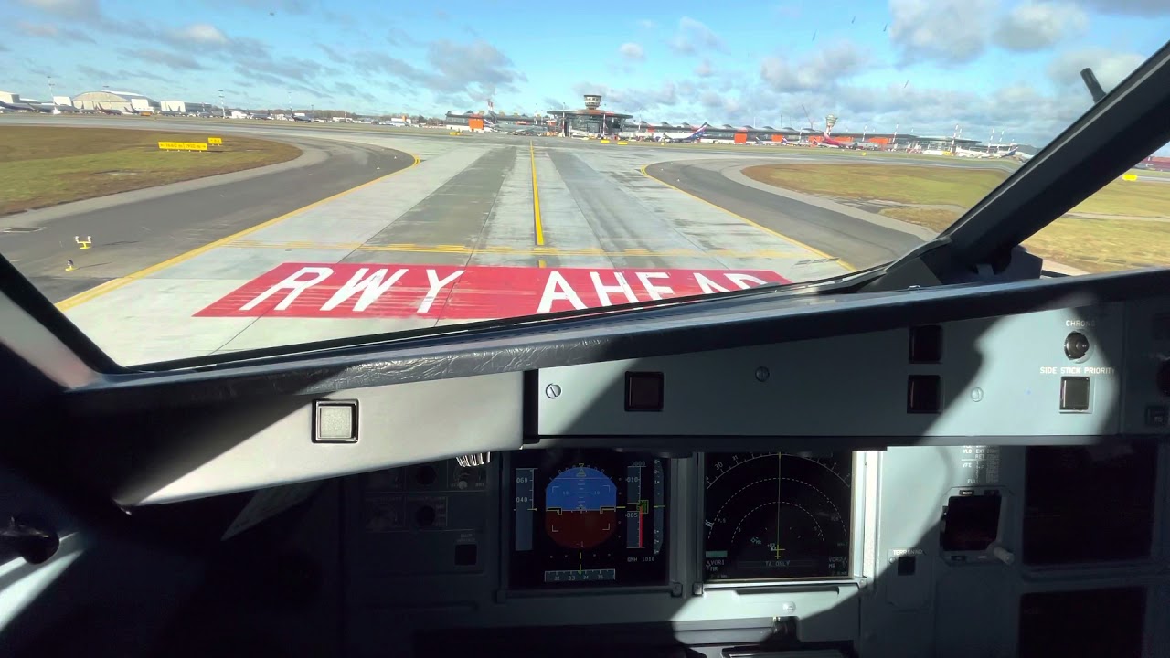 Airbus A320 approach, crosswind landing, taxi in to the gate from captain’s seat.Unique view