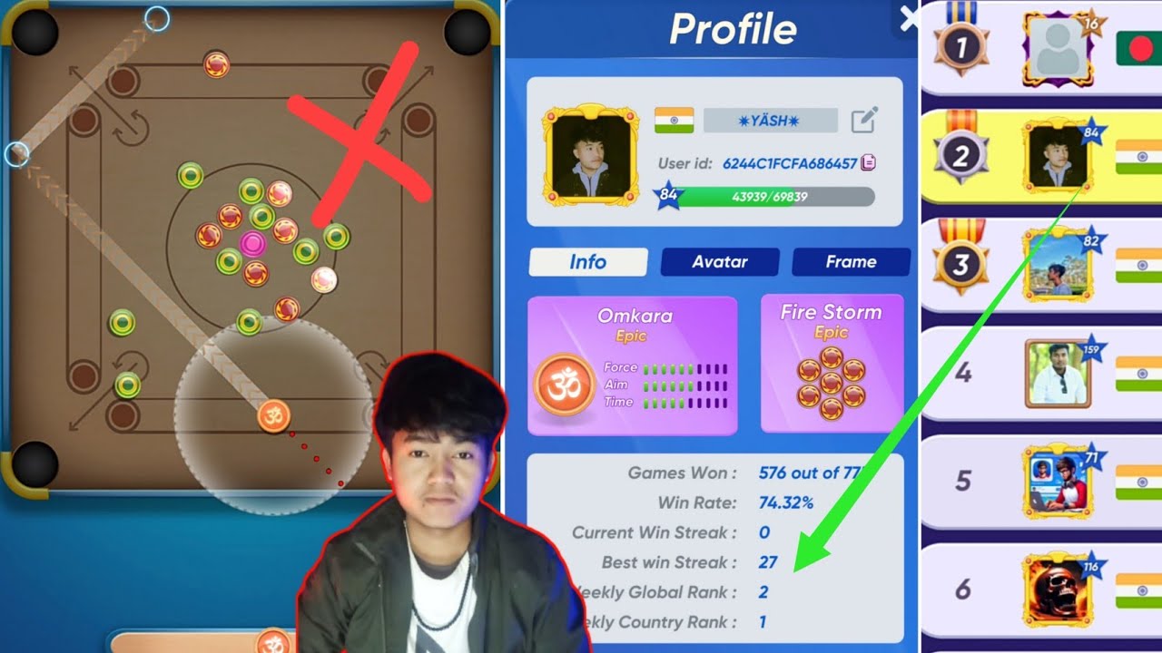 Country Rank 1 Yash 😔 Indirect Gameplay 🥳 Carrom Cricket 🔥