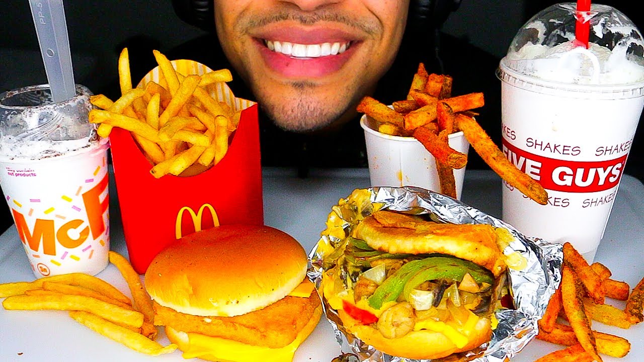 ASMR MCDONALDS VS FIVE GUYS BURGERS AND FRIES EATING SHOW MUKBANG OREO MILKSHAKE MCFLURRY ICE CREAM