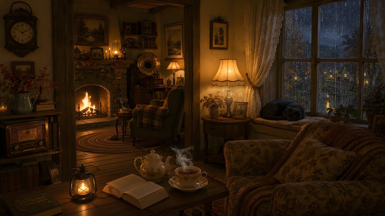 🍂 a peaceful rainy autumn night in a cozy cabin | 1950s vintage oldies playing in another room