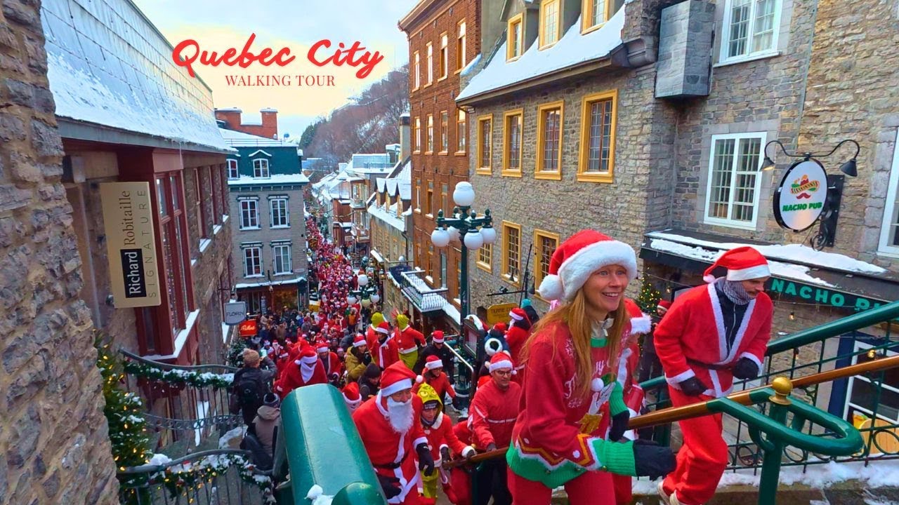 Hundreds of Santas Take Over Quebec City 🎅🤶🎅 | Old Quebec Holiday Walking Tour 4K
