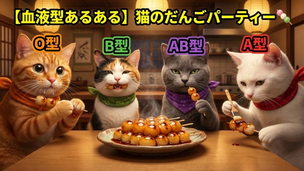 【血液型あるある】AI猫の冬のみたらし団子パーティー🍡🐱【こむぎの猫】