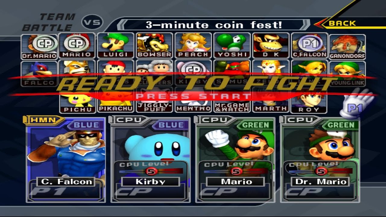 C Falcon & Kirby VS Mario & Dr Mario | 3 Min Coin | Super Smash Bros Melee Fight 95