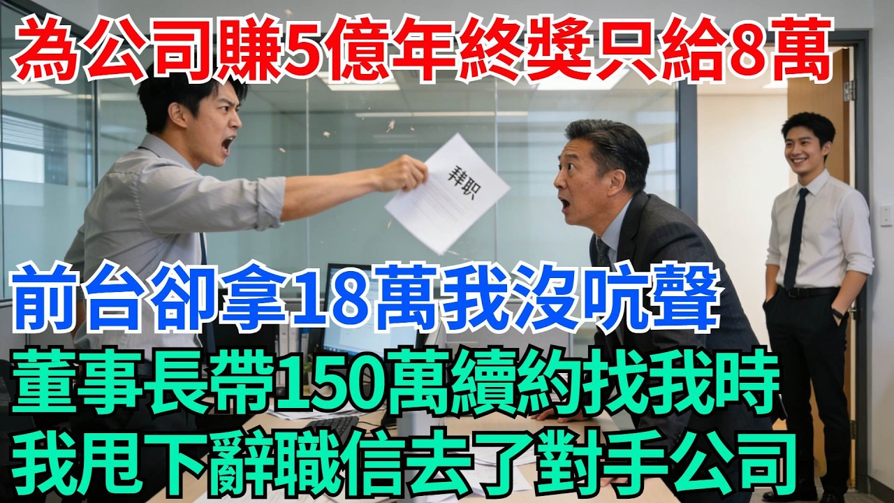 我為公司賺5億年終獎只給8萬，前台卻拿18萬我沒吭聲，董事長帶150萬續約找我時，我甩下辭職信去了對手公司【奇趣天下】#職場逆襲#職場智慧#爽文職場#工作日常#完結爽文