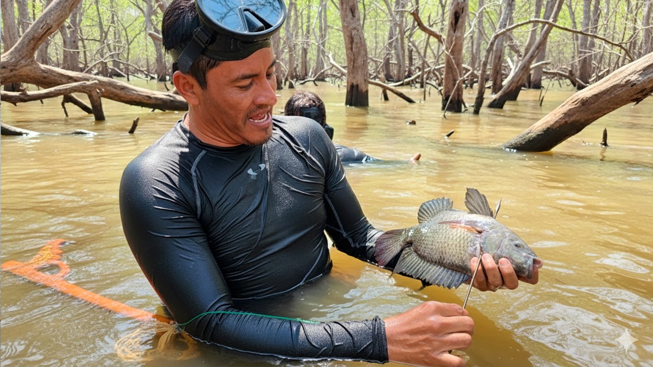 Pesca extrema en aguas turbias: gigantes tilapias atrapadas y cocinadas