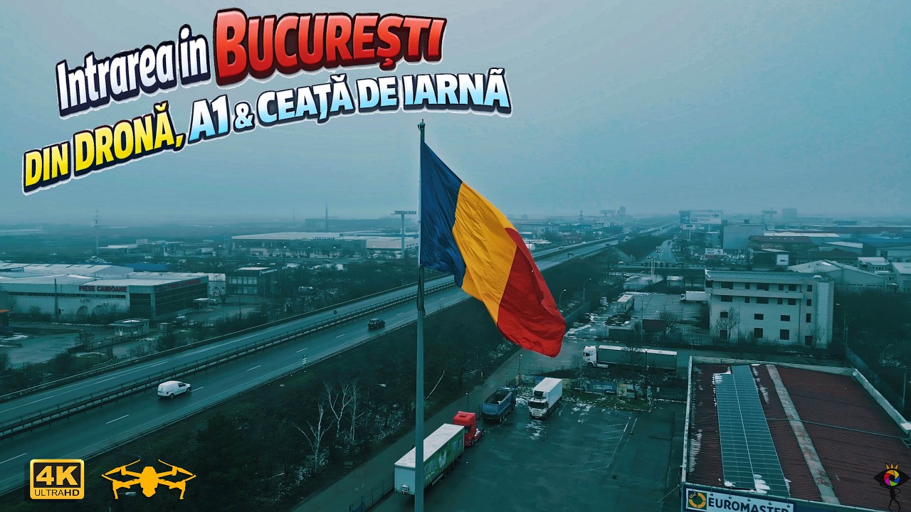 Intrarea în București văzută din dronă | A1, zonă comercială, ceață de iarnă