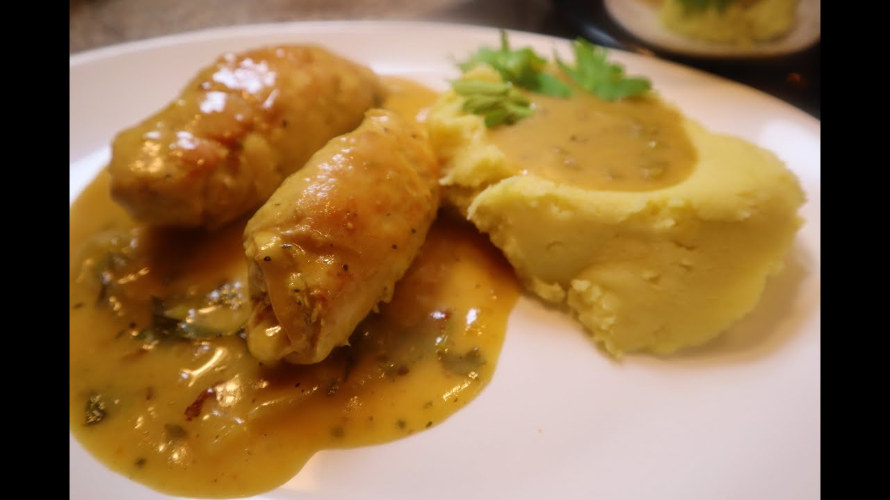 Herrlich saftige Hähnchenroulade mit Soßé und Kartoffelbrei, Minutenschnitzel mal anders ;-)
