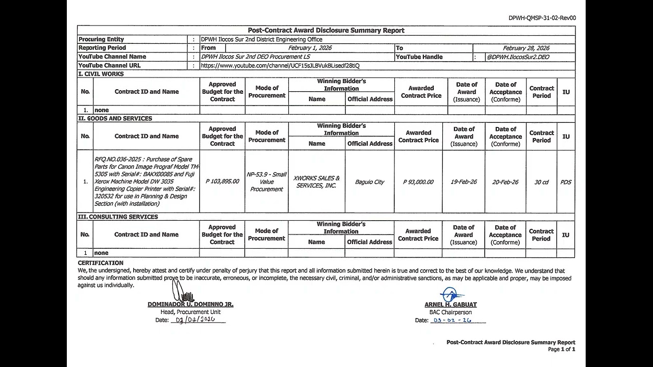 Post -Contract Award Disclosure for DPWH Ilocos Sur 2nd DEO - February 2026