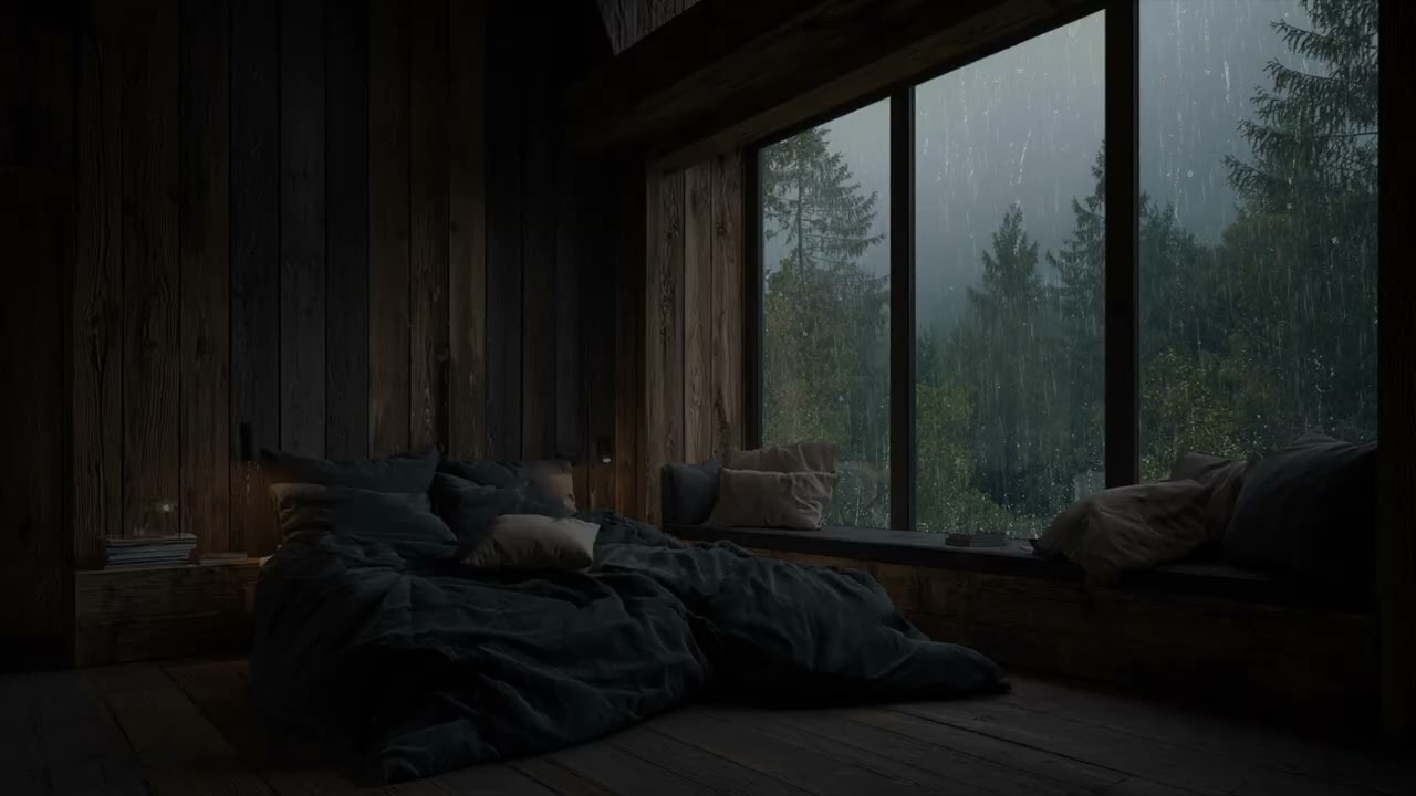 Endless Rain Drifting Past The Bedroom Glass Into A Dark Emerald Forest Night