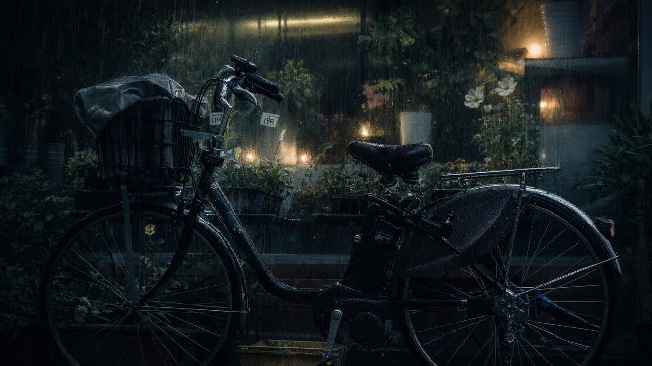 Quiet Night Rain in Japan – Bicycle in the Rain for Deep Sleep