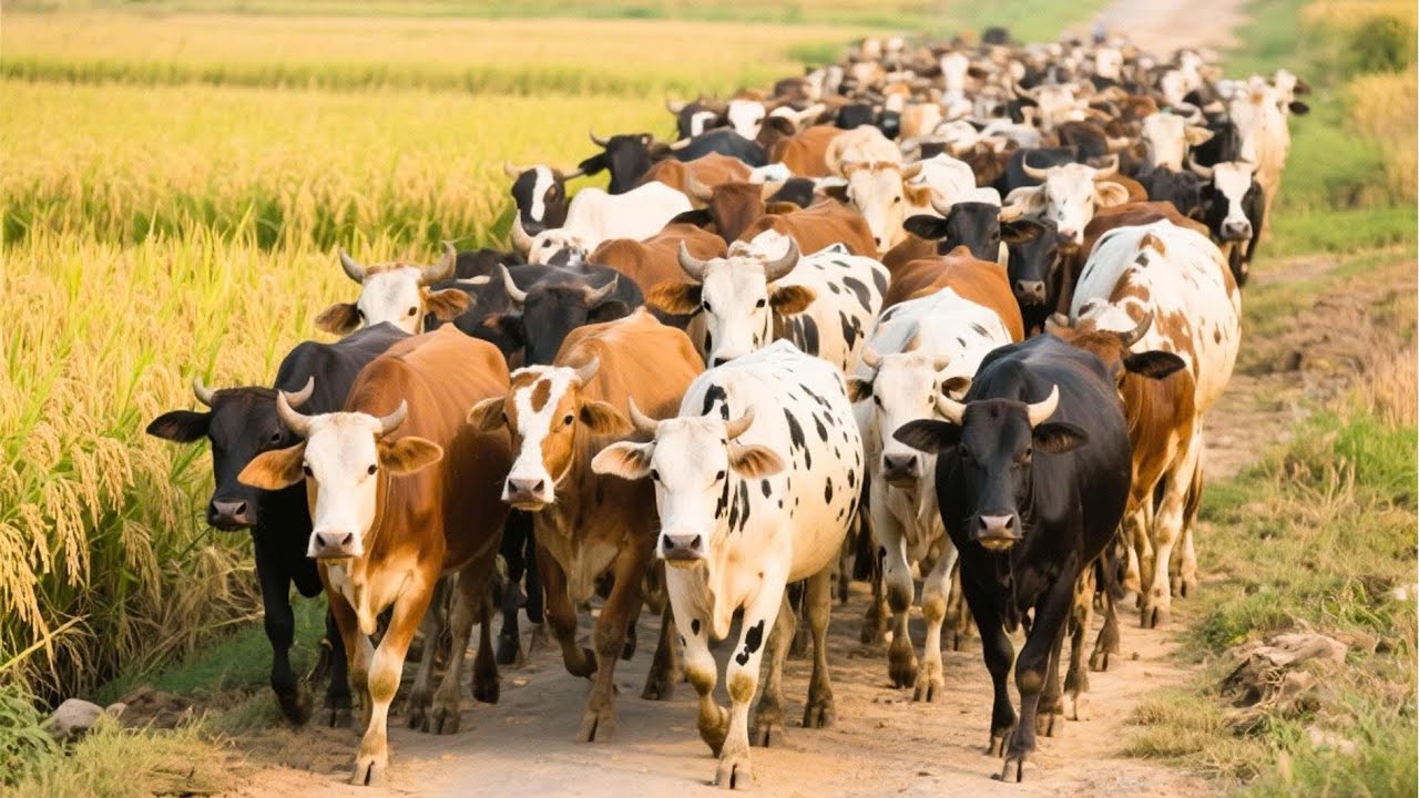 Colorful cows graze in the ripening rice fields - Cow sounds - Cow videos