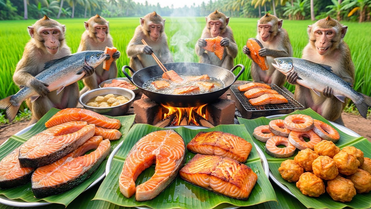 बंदरों ने आज बना डाली बहुत सारी गुजिया 😲 | Monkeys Cooking Fresh Salmon in  Rice Fields 🌾🐟