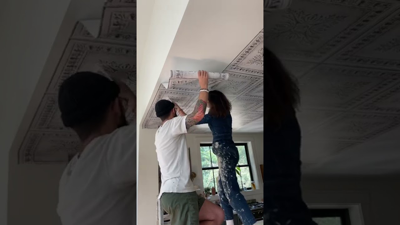 &lsquo;Tin&rsquo; wallpaper ceiling! Love how realistic this wallpaper is! Found it online at Arhaus.