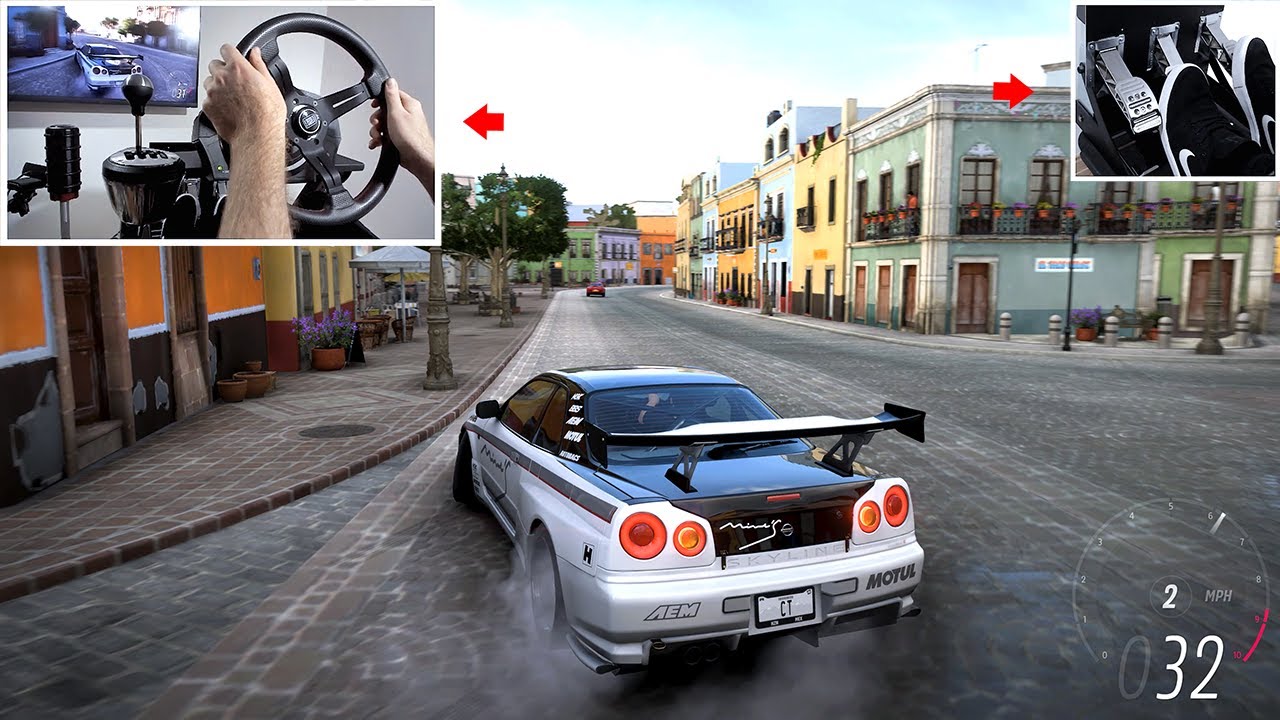 Forza Horizon 5 - Drifting Skyline R34 in City (w/900&deg; Steering Wheel Setup)