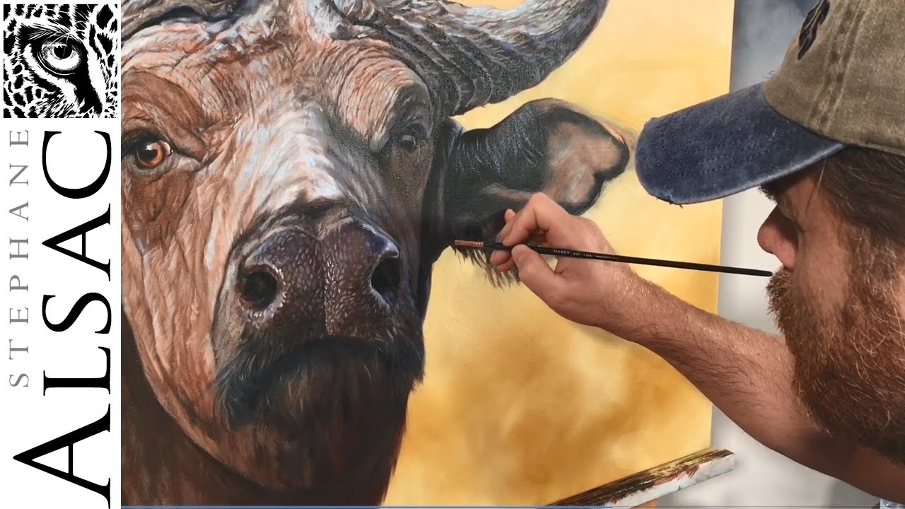 Peinture hyper-réaliste animalière - Tableau d'un buffle equinoxial à l'huile.