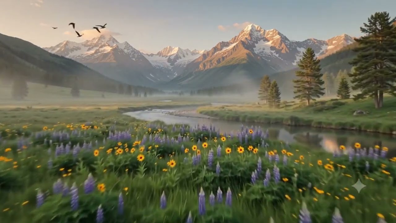 4K Serene Nature Landscape 🌿 Peaceful River, Mountains & Morning Birds | Relaxing Nature Sounds